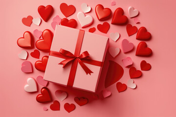 Heap of paper red hearts and gift box with red ribbon