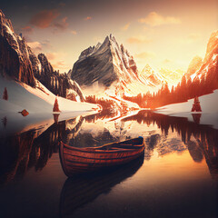 landscape of mountains in winter with a lake and a wooden boat at sunset

