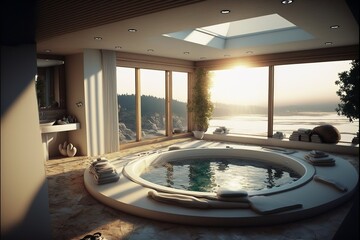 Luxury jacuzzi in the house with a beautiful view of nature, interior - obrazy, fototapety, plakaty