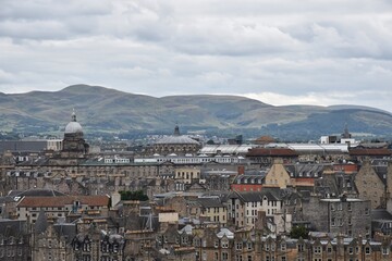 Fototapeta na wymiar Aerial view of Edinburgh city centre with buildings and landmarks. 