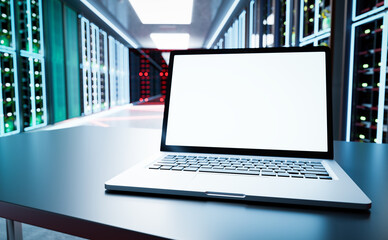 Admin computer in network server room or data center