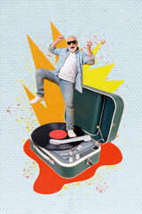 Surreal vintage trend collage of senior man dancing energetic on huge gramophone turntable plate...