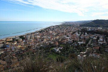 Italy, Marche: Aerial view of Massignano on the Adriatic sea.