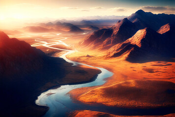 Beautiful sunset in mountains in autumn. Aerial view to ferest and river. Generative AI