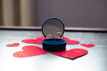 St Valentines Day Romantic photo With Golden Rings, Proposal Symbol . Wedding