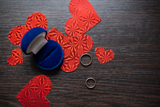 St Valentines Day Romantic photo With Golden Rings, Proposal Symbol . Wedding