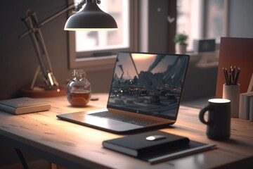 A sleek and modern workspace, featuring a clutter-free desk and laptop as the centerpiece, blurred background for depth. Created with Generative AI