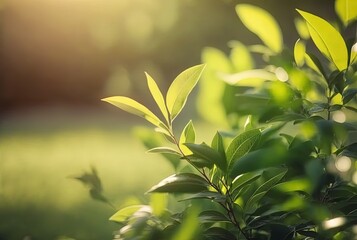 Obraz premium beautiful green tea leaves with sunlight , generative Ai
