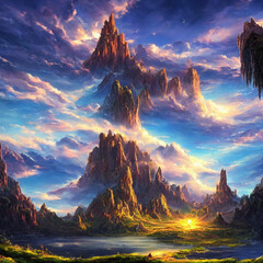 Fantasy beaultiful world with mountains and clouds