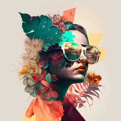 generative ai illustration portrait of a woman with sunglasses, collage 70s style, summer vibes © aledesun