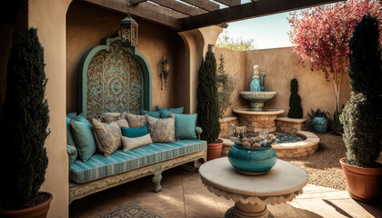 A Mediterranean style outdoor living area with a pergola - obrazy, fototapety, plakaty