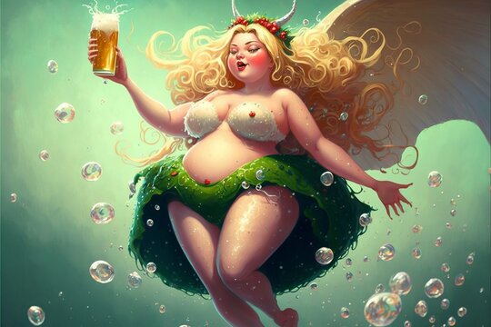 Chubby happy Fairy with big belly drinking a lot of beer. side effects of drinking beer concept. 