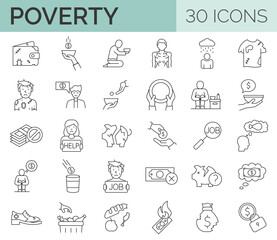 Set of 30 editable stroke line icons related to poverty, homeless, poor man. Vector illustration 