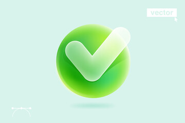 Glassmorphism style transparent checkmark icon on green sphere. 3d isolated tick logo.