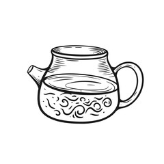 Glass tea pot monochrome retro sketch style vector art.