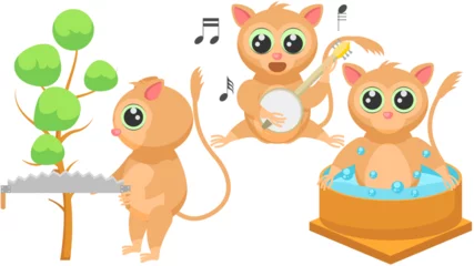 Fototapete Affe Set Abstract Collection Flat Cartoon Different Animal Tarsiers Enjoying In The Jacuzzi, Sawing A Tree, Plays The Banjo Vector Elements Fauna Wildlife