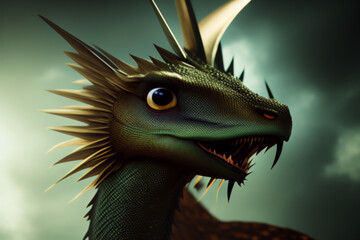 Cute green dragon with yellow eyes face AI Generated