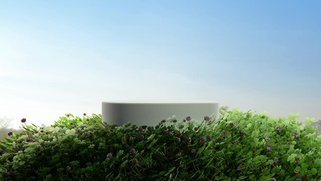 Podium on green Shamrock clover hill. Scene for Natural Eco Product Presentation or St. Patrick's Day Sale Copy Space.