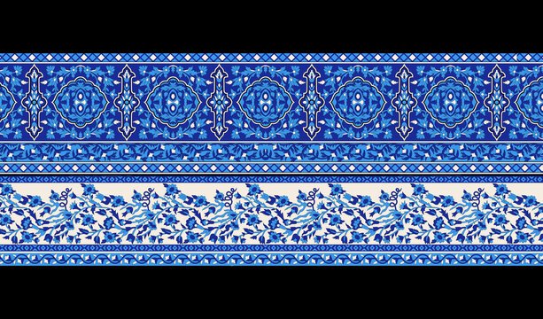 Ethnic Ornament Border Design - with blue floral composition the leaves and flowers with pattern background for, textile and digital printing