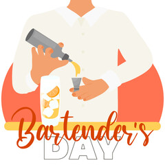 A male bartender mixes ingredients for a cocktail. Postcard for the international day of the bartender