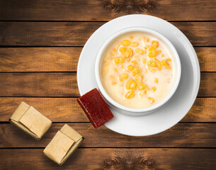 Paisa corn mazamorra with sweet guava paste - Typical Colombian food