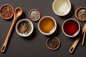 Obraz na płótnie Canvas Different kinds of dry herbal tea in wooden spoons on light grey table, flat lay. Generative AI