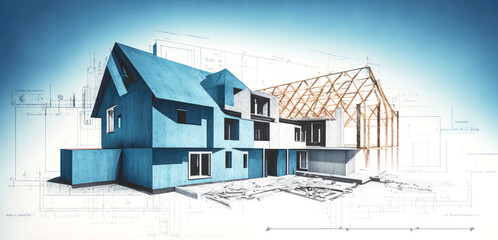 Building house on blueprints - construction project. Generative AI