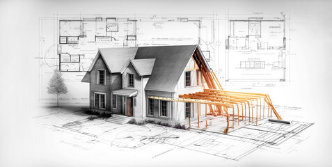 Building house on blueprints - construction project. Generative AI - obrazy, fototapety, plakaty