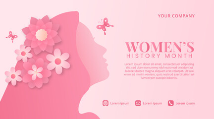Women's history month background with a pink cutting paper woman with flowers and butterflies