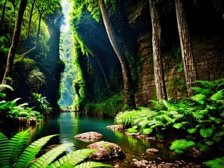 A river flowing through a dense jungle. 
