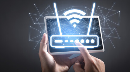 Human showing a Wifi router and network.