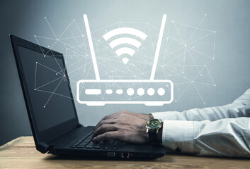 Human showing a Wifi router and network.
