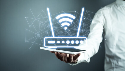 Human showing a Wifi router and network.