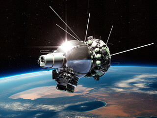 Fototapeta na wymiar Voskhod 2 spacecraft at the Earth orbit. 3D Illustration.