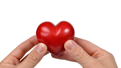 Red heart in hands isolated on transparent background, PNG.	