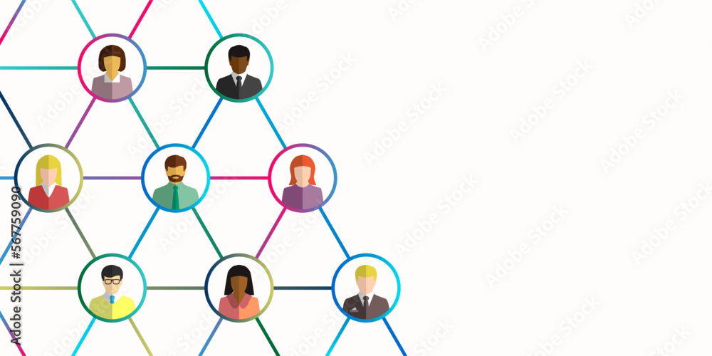 Poster network and networking concept with diverse group of people connecting together. line net, grid and 