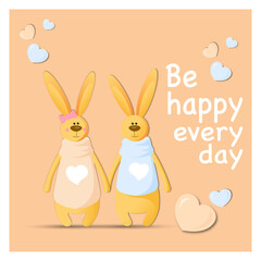 Two rabbits with hearts, Cute poster for holiday and children's, valentines day © Svetlana Ruin