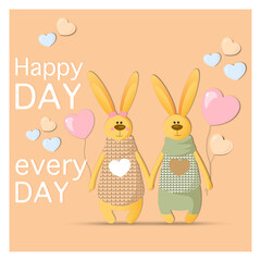 Two hand rabbits with hearts, Cute poster for holiday and children's, valentines day © Svetlana Ruin