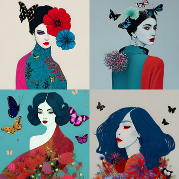 woman with flowers and butterflies