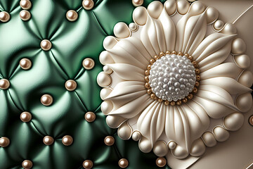 abstract green, golden and white background with flowers and pearls. Generative AI