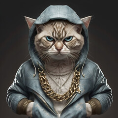 Cat  in leather jacket with golden chains, rapper or bandit, cool cat. Illustration. Generative AI. - obrazy, fototapety, plakaty