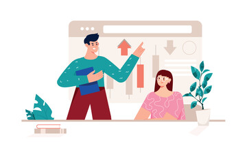 Business meeting pink concept with people scene in the flat cartoon style. Two business partners discuss their future plans for the company's development. Vector illustration.