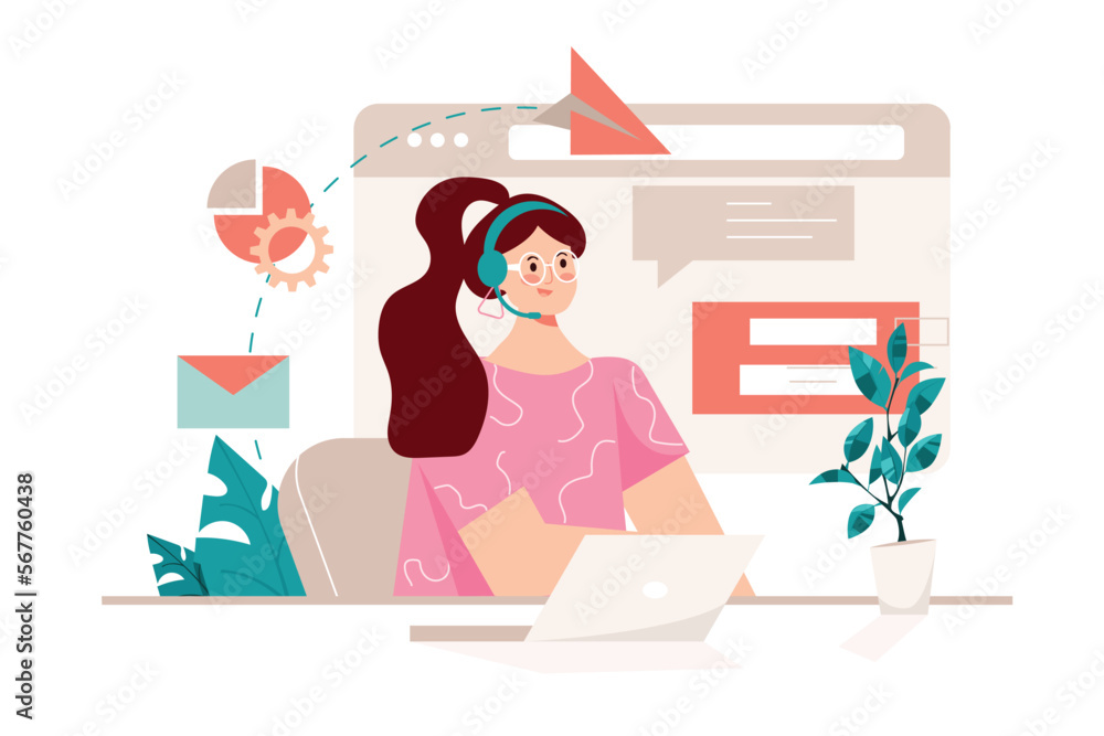 Poster support pink concept with people scene in the flat cartoon design. employee of the support center ex