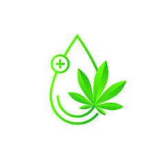 CBD oil as logo or icon concept. Cannabidiol drop and medical cannabis leaf, line art, beautiful gradient green color. Vector illustration isolated on white background.