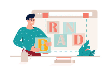 Brand pink concept with people scene in the flat cartoon design. Creative designer is thinking about the idea of creating a brand. Vector illustration.