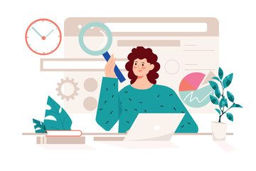 Searching internet pink concept with people scene in the flat cartoon style. Woman is trying to connect to the Internet to continue working on her laptop. Vector illustration.