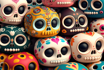 3d cute toys of skull. Background for day of the dead or halloween. Generative ai