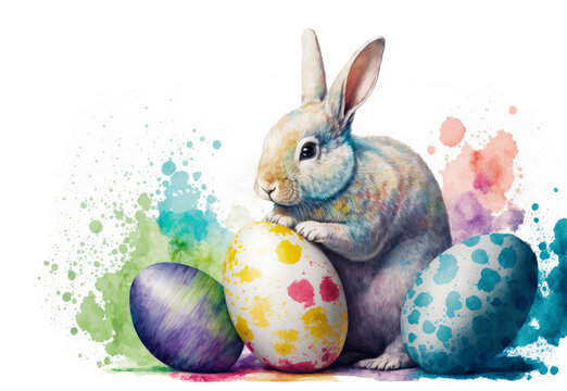 watercolor easter bunny with eggs illustration, generative ai