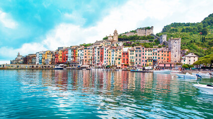 The magical landscape of the harbor with colorful houses in the boats in Porto Venere, Italy, Liguria