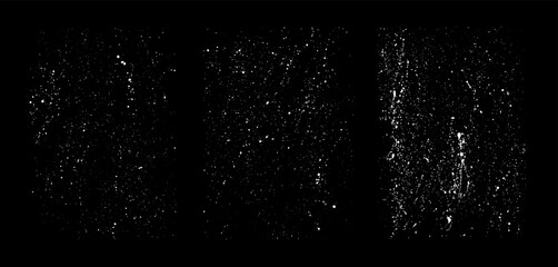 Colección de salpicaduras realizadas con spray, trazos reales hechos a mano, salpicaduras de pintura reales. Conjunto de trazos vectoriales en color blanco con fondo negro